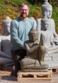 Buddha Lava Stone Statue Resting in Namaste Mudra on Lotus Base Carved in Indonesia 33"