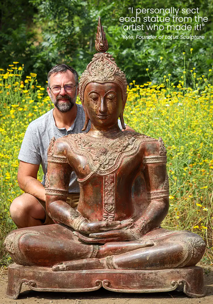 Thai Buddha Sculpture in Dhyana Mudra of Meditation with Beautiful Antique Brass Patina 58"