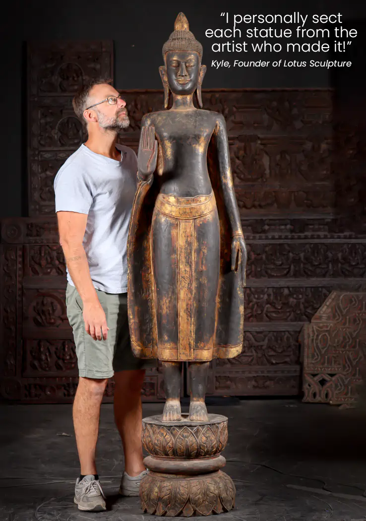 Buddha Reclaimed Teak Wood Sculpture Standing in Abhaya Mudra on Lotus Base 87"