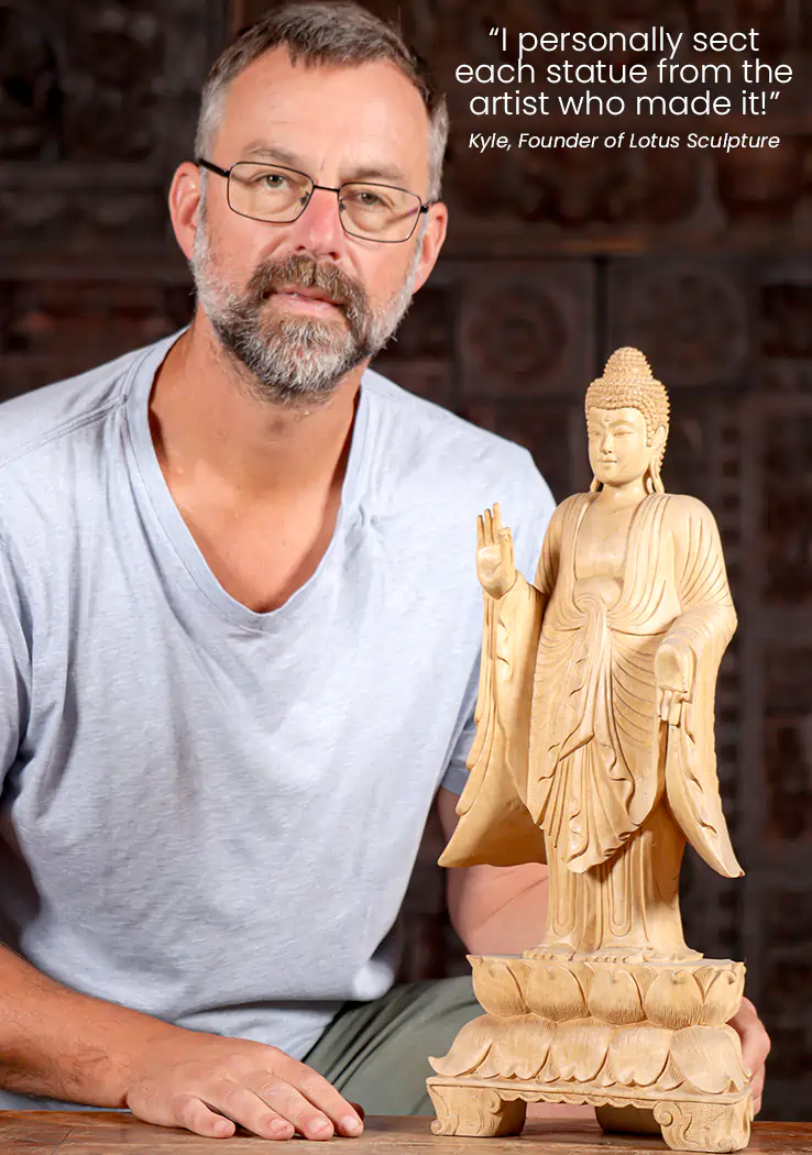Buddha Light Wood Hand Carved Sculpture in Vitarka Mudra Standing on Lotus 20"