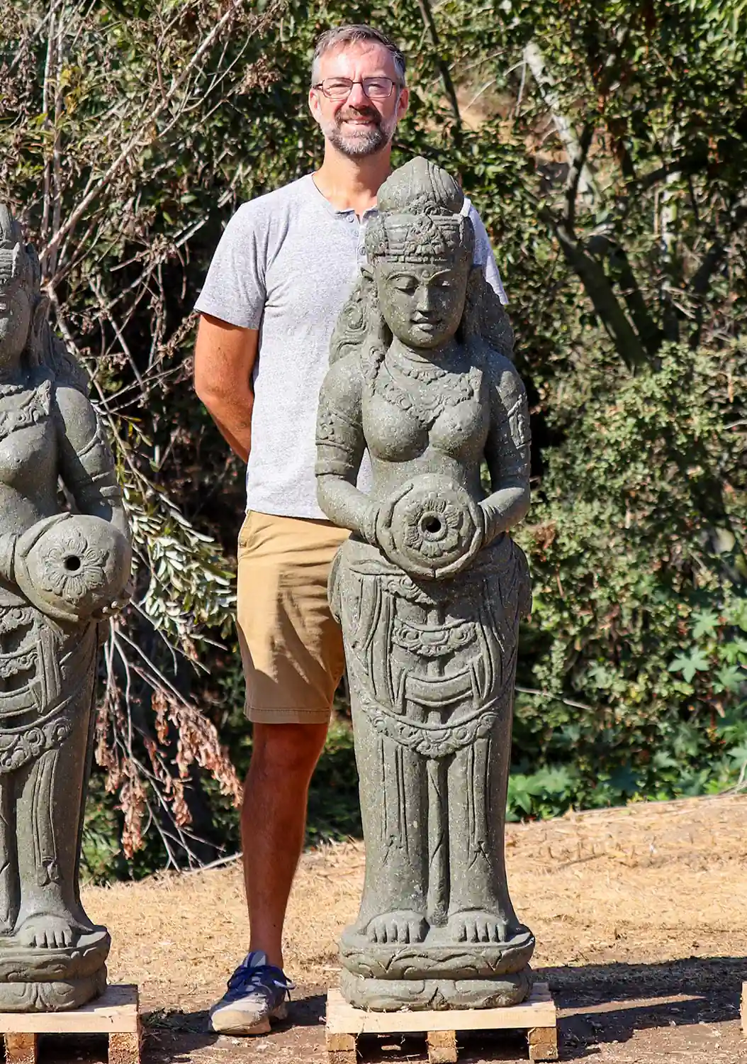 Devi Tara Lava Stone Fountain Statue Holding Water Jug Tall Garden Sculpture 61"