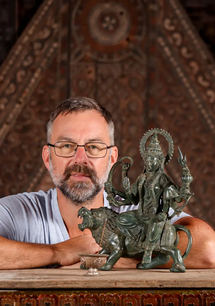 Durga Brass Statue with Multiple Arms Riding Lion in Abhaya Mudra, Indonesia 14"