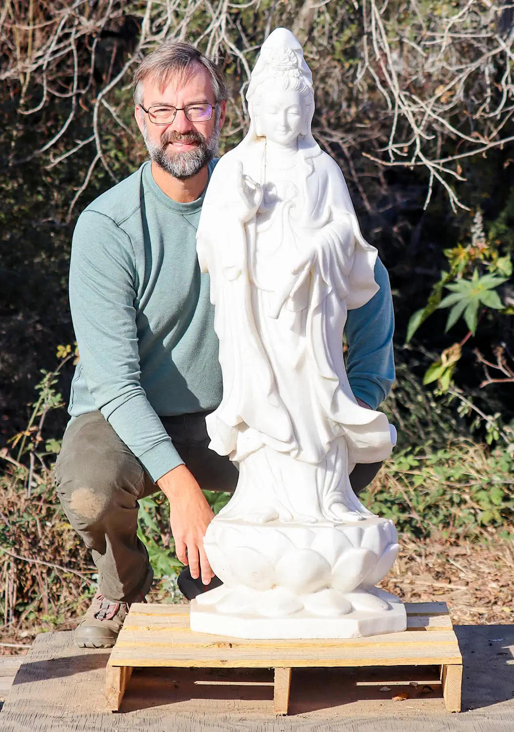 Kwan Yin Sculpture Bodhisattva of Compassion on Lotus Base Carved in White Marble 48"
