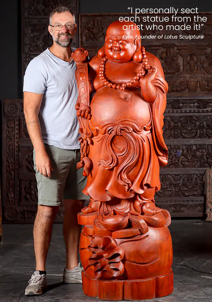 Hotei Buddha Wood Sculpture Standing with Mala and Wish Stick Vietnamese Statue 71"
