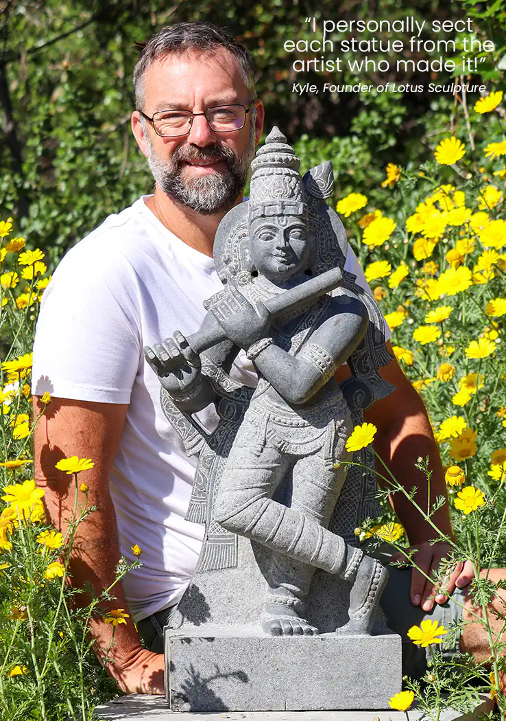 Krishna Playing Flute Black Granite Garden Sculpture with Halo and Headdress Feather 31.5"