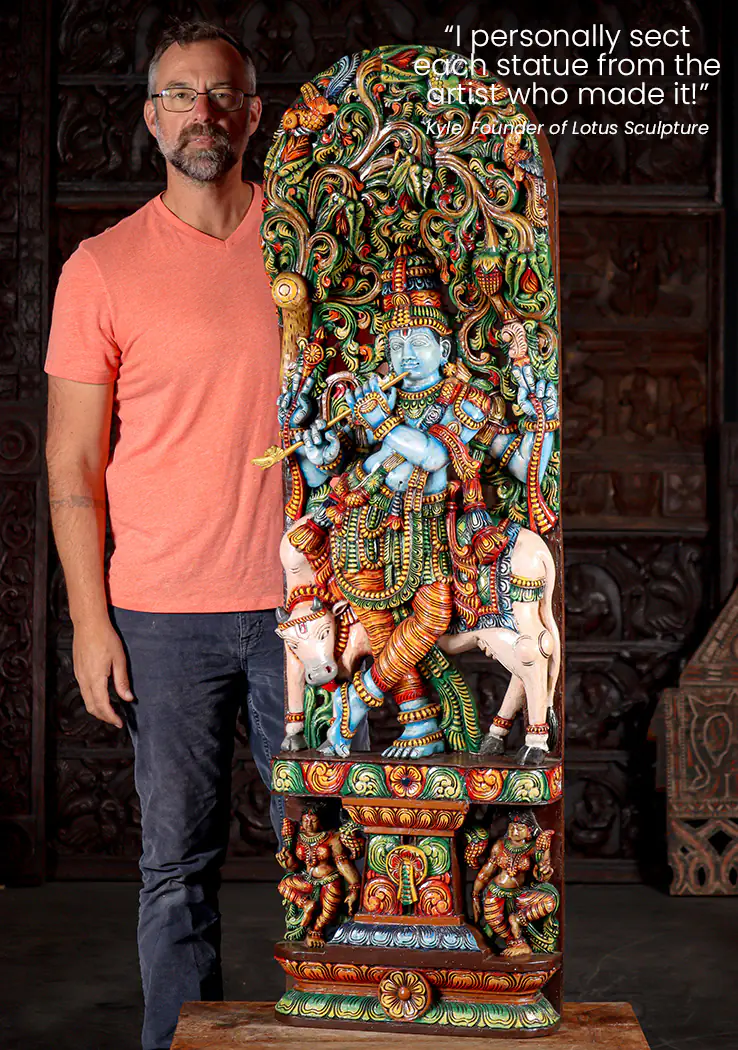 Krishna Painted Wood Panel Sculpture in Tribhanga Pose Hand Carved in India 60"