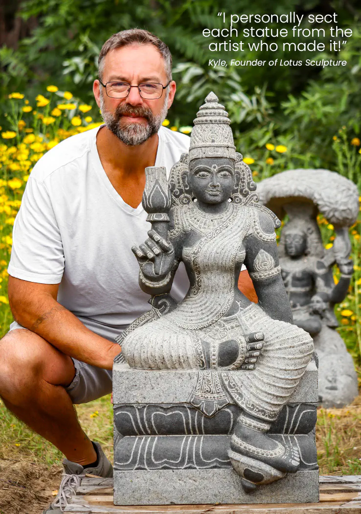 Lakshmi Granite Sculpture Seated in Lalitasana with Lotus Flower, India 35"