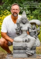 Lakshmi Granite Sculpture Seated in Lalitasana with Lotus Flower, India 35"
