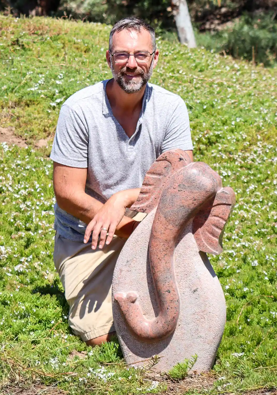 Ganesh Pink & Red Granite Abstract Sculpture with Flowing Curved Trunk 31"