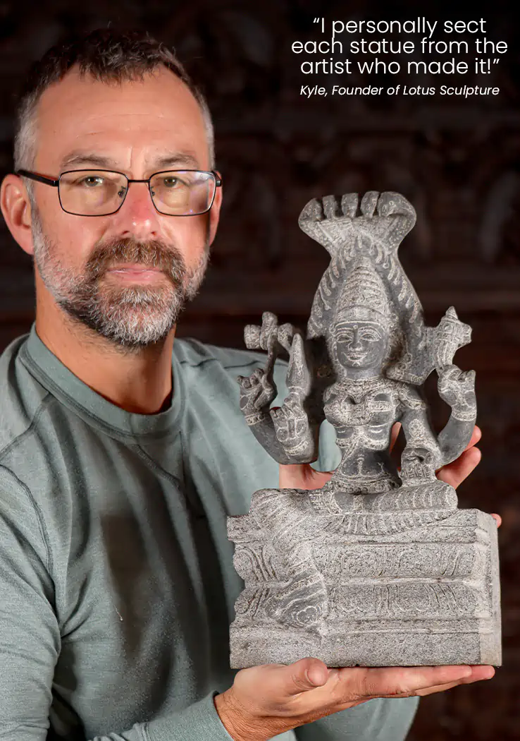 Shakti Small Black Granite Sculpture with Serpent Canopy, Fire Halo & Lalitasana Pose 15"