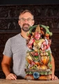 Lakshmi Wood Statue in Varada & Abhaya Mudra with Lotus Flowers Lalitasana Carved in India 24"