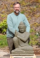 Dreaming Buddha Garden Sculpture Hand Carved Green Lava Stone on Lotus 32"