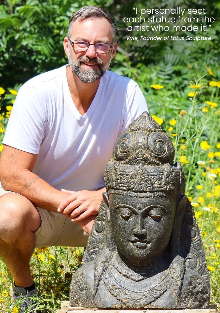 Tara Lava Stone Garden Sculpture Bust with Headdress and Jewelry, Indonesia 27"