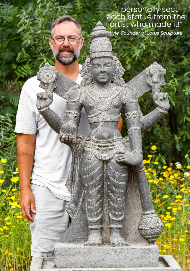 Vishnu Large Black Granite Garden Sculpture Holding Lotus and Mace Optional Base 51"