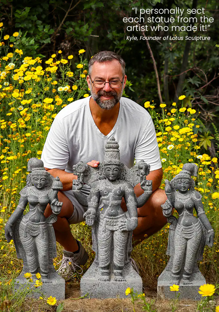 Vishnu with Consorts Sridevi and Bhudevi Black Granite Garden Sculpture Set from India 29"