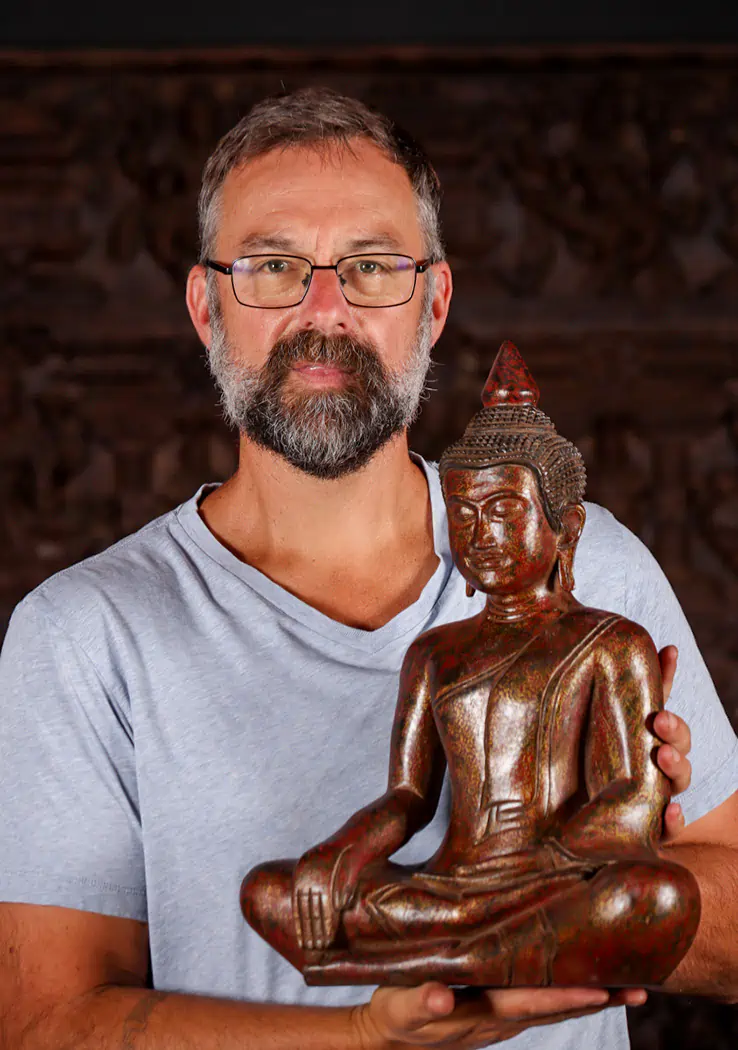 Buddha Wood Sculpture in Bhumisparsha Mudra with Red and Gold Finish, Cambodia 18"