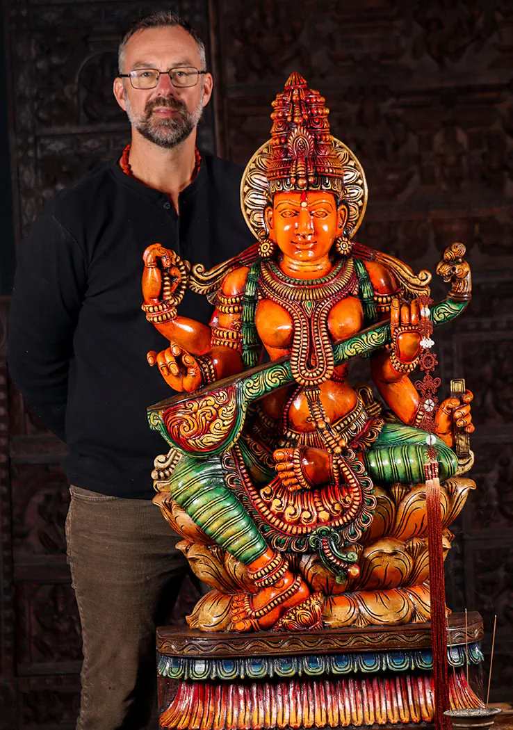 Saraswati Wood Sculpture Playing Veena Seated in Lalitasana on Triple Lotus Base 48"