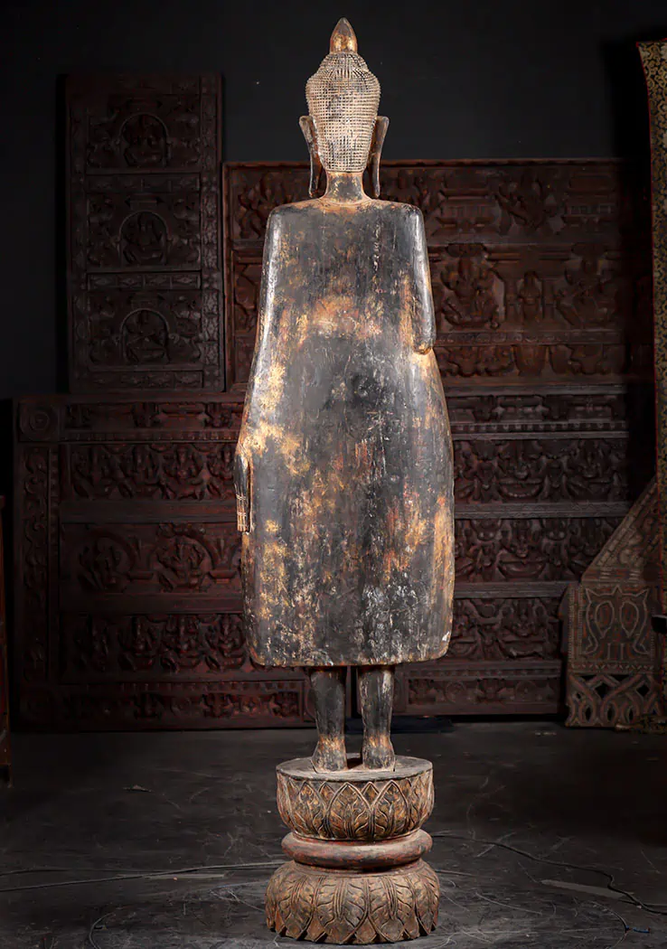 Buddha Reclaimed Teak Wood Sculpture Standing in Abhaya Mudra on Lotus Base 87"