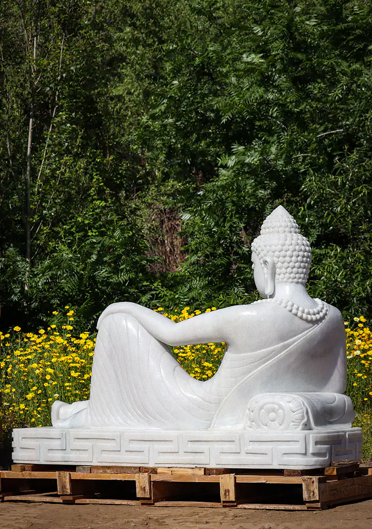 Buddha Garden Sculpture Reclining on Pillow in Full Robes White Marble Hand Made in Vietnam 72"