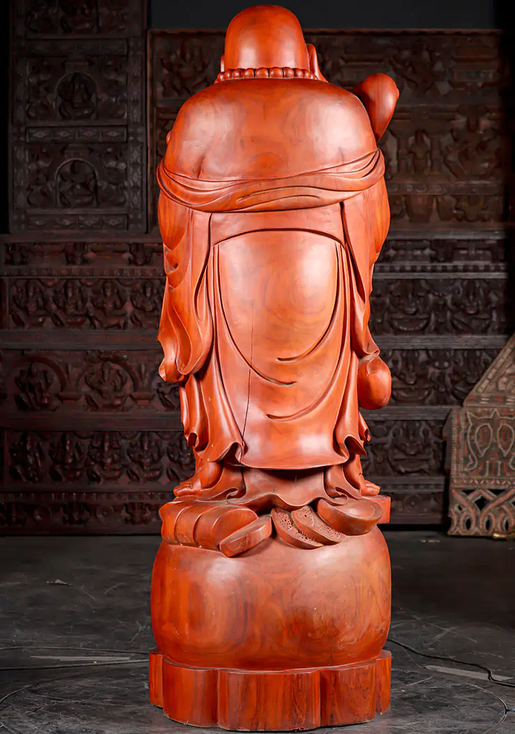 Hotei Buddha Wood Sculpture Standing with Mala and Wish Stick Vietnamese Statue 71"