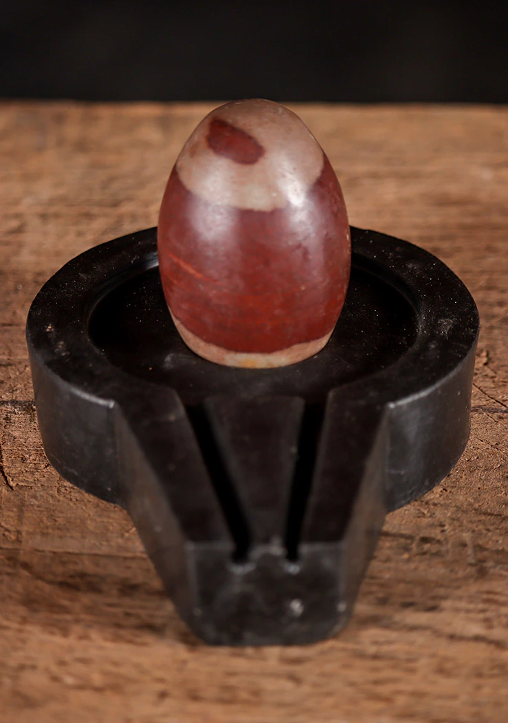 Shiva Lingam Red and Cream Patterned Stone Sculpture on Yoni Base Crafted in India 3.5"
