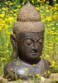 Buddha Lava Stone Garden Sculpture Bust with Third Eye, Ushnisha, Long Earlobes 32"