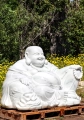Buddha of Wealth Large White Marble Garden Sculpture Reclining with Mala on Sack of Gold 72"