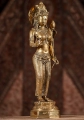 Tara Brass Statue Standing on Lotus Base in Vitarka Mudra with Utpala, Indonesia 17.5"