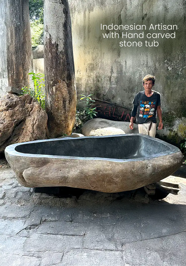 Large River Stone Bathtub Hand-Carved from Indonesian Stone Organic Soaking Tub 95"