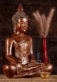 Buddha Wood Sculpture in Bhumisparsha Mudra with Red and Gold Finish, Cambodia 18"