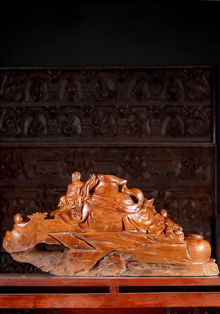 Hotei Buddha of Wealth Wood Sculpture with Gold Ingot & Children on Coins 40"