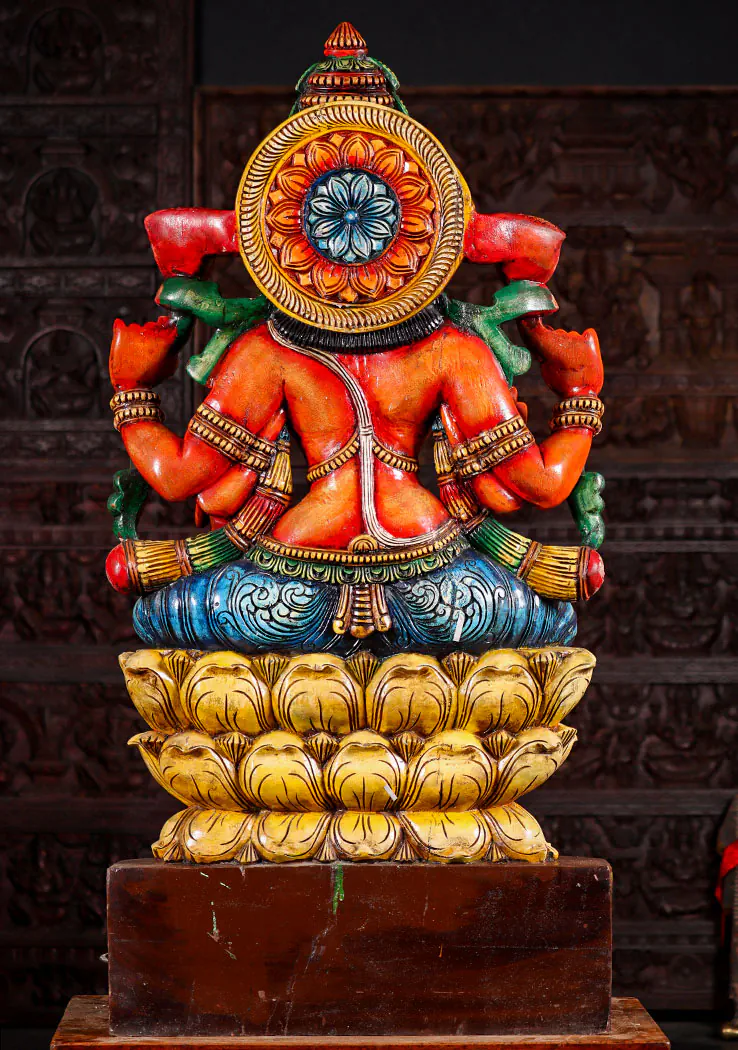 Lakshmi Hand-Carved Wood Statue with Coin Varada & Lotus Flowers, India 48"