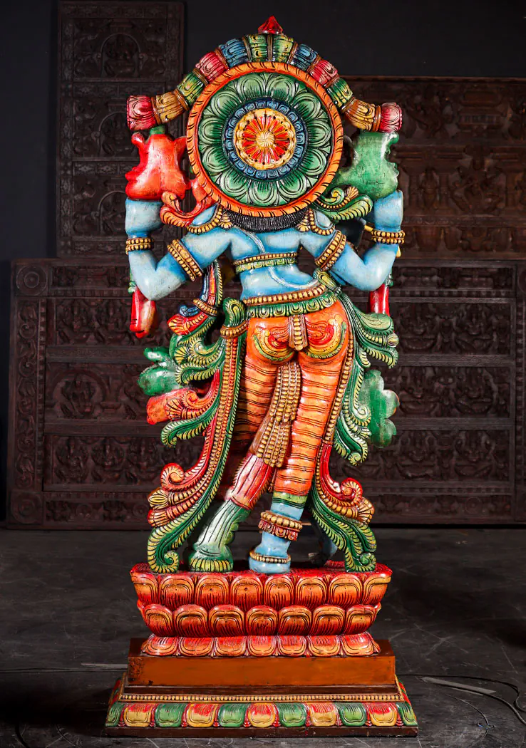 Huge, 7 Foot Tall Krishna Wood Statue Playing Flute with Chakra & Shankha on Lotus, India 84"
