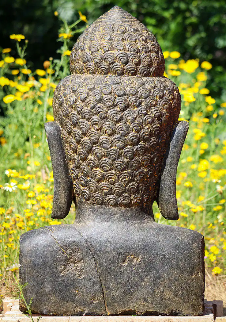 Buddha Lava Stone Garden Sculpture Bust with Ushnisha and Long Earlobes, Indonesia 31"
