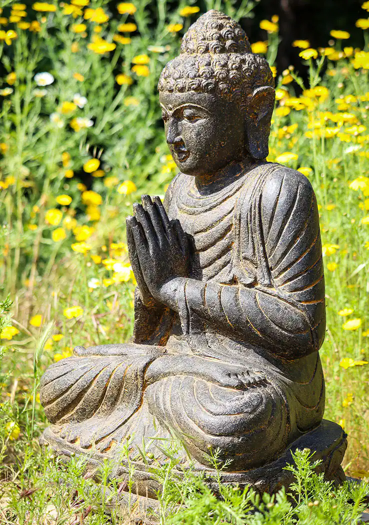 Buddha Lava Stone Garden Sculpture Namaste Mudra Seated on Lotus, Indonesia 31"
