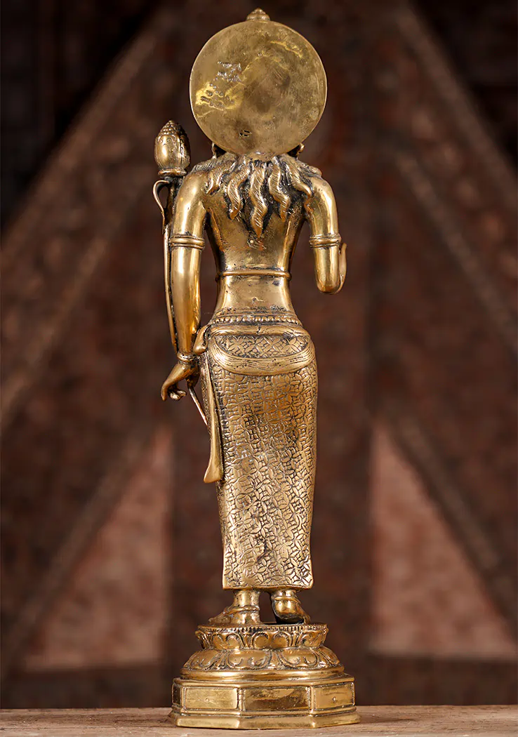 Tara Brass Statue Standing on Lotus Base in Vitarka Mudra with Utpala, Indonesia 17.5"