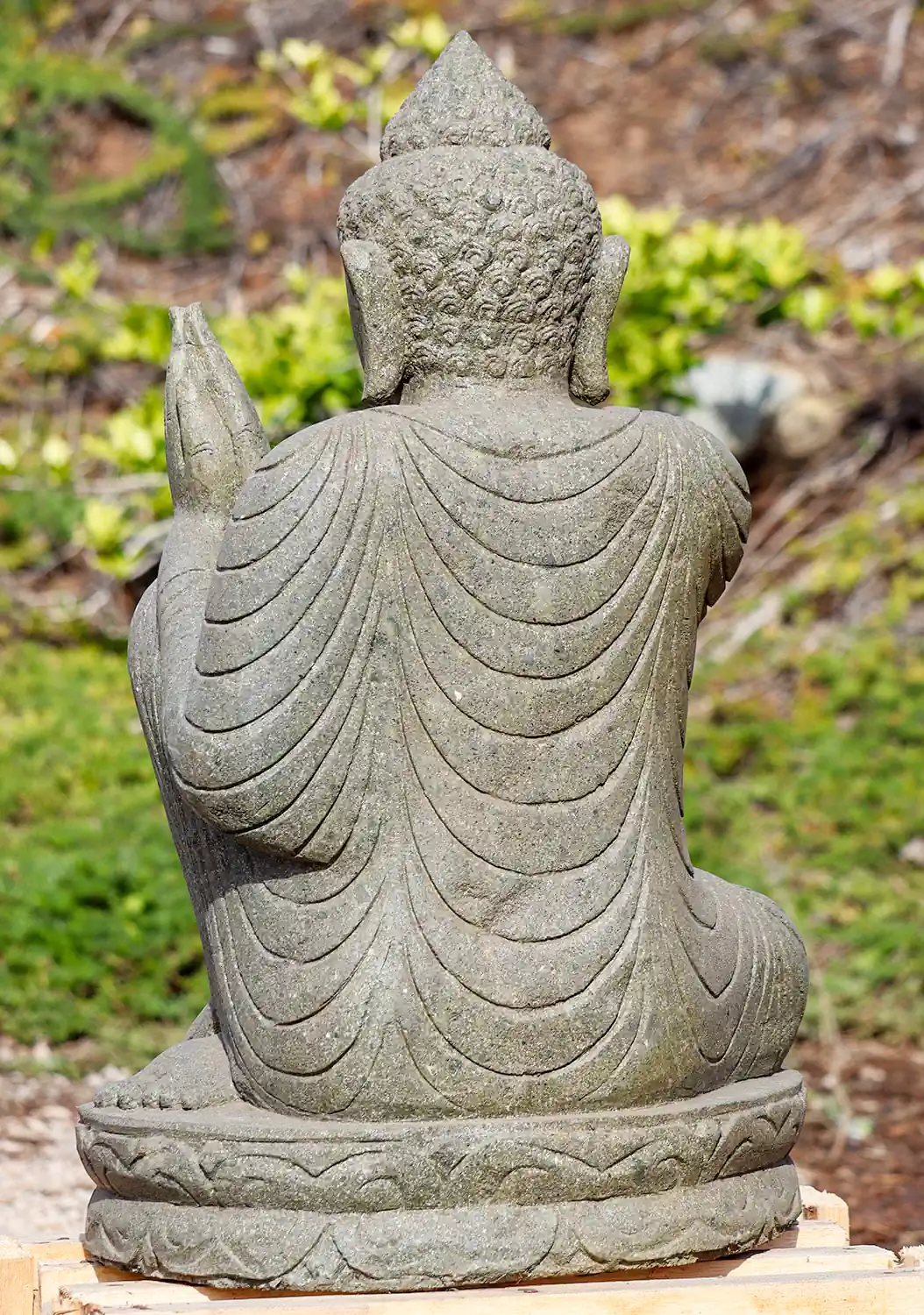 Buddha Lava Stone Statue Resting in Namaste Mudra on Lotus Base Carved in Indonesia 33"