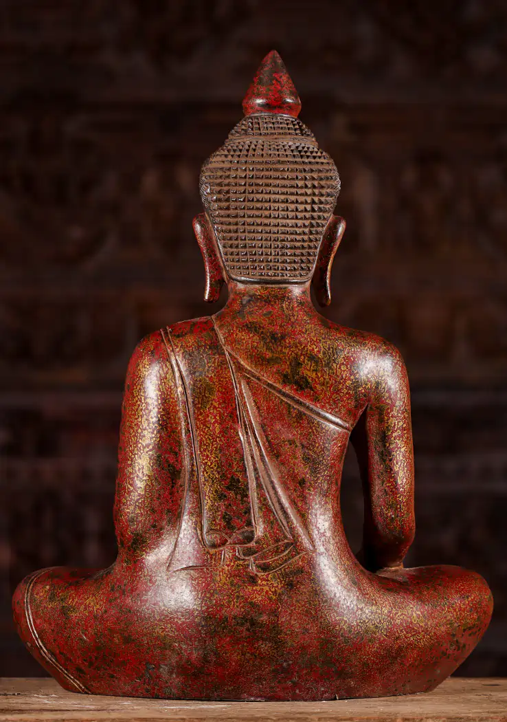 Buddha Wood Sculpture in Bhumisparsha Mudra with Red and Gold Finish, Cambodia 18"