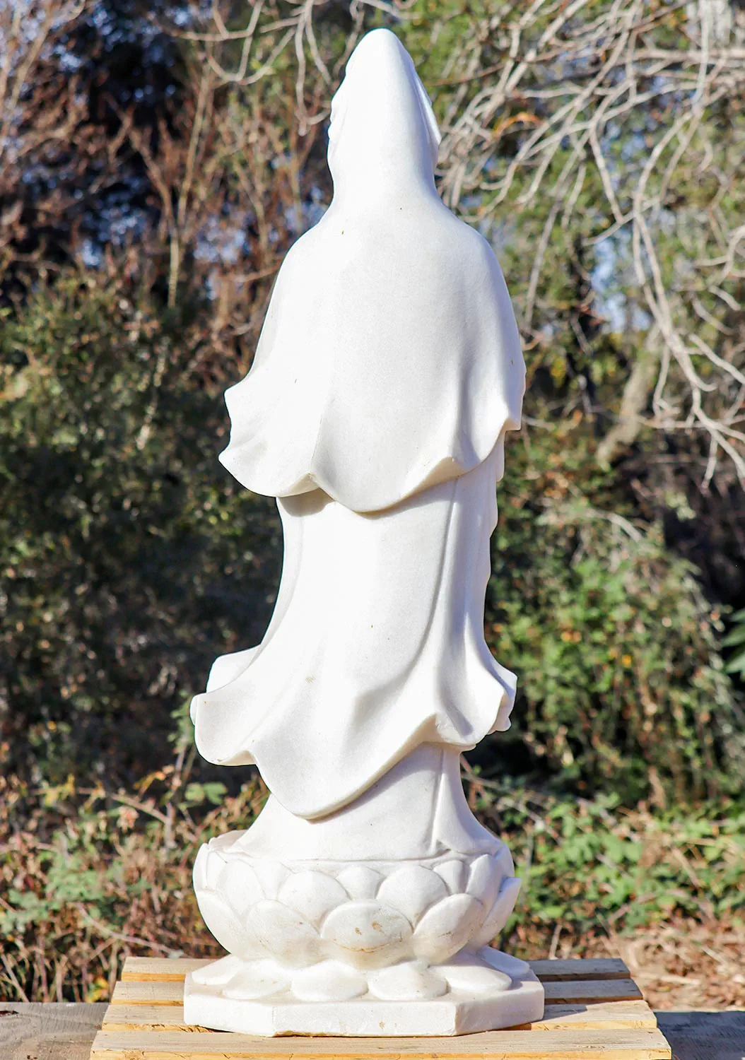 Kwan Yin Sculpture Bodhisattva of Compassion on Lotus Base Carved in White Marble 48"