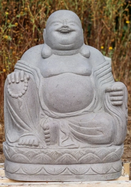 Happy Buddha of Wealth Statue in Lava Stone Seated with Mala and Robes, Indonesia 30" Happy Buddha of Wealth Statue in Lava Stone Seated with Mala and Robes, Indonesia 30"