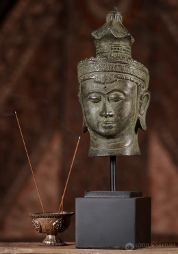 Buddha Head Brass Bust Sculpture with Crown on Black Base, Indonesia 14" Buddha Head Brass Bust Sculpture with Crown on Black Base, Indonesia 14"