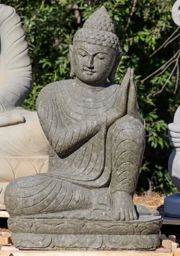 Buddha Lava Stone Garden Sculpture in Resting Namaskara Mudra, Indonesian Statue 42"