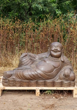Happy Buddha Lava Stone Sculpture Reclining on Coins Outdoor Garden Statue 40" Happy Buddha Lava Stone Sculpture Reclining on Coins Outdoor Garden Statue 40"