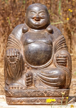 Happy Buddha Saffron Stone Statue Seated with Mala Beads and Joyful Smile 23" Happy Buddha Saffron Stone Statue Seated with Mala Beads and Joyful Smile 23"