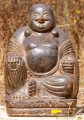 Happy Buddha Saffron Stone Statue Seated with Mala Beads and Joyful Smile 23"