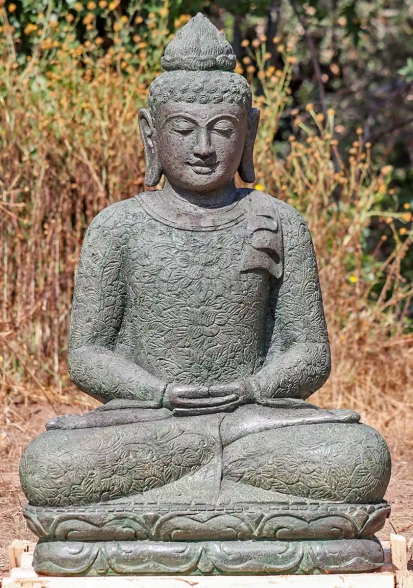 Buddha Lava Stone Garden Sculpture Meditating in Full Lotus with Floral Robes 42"