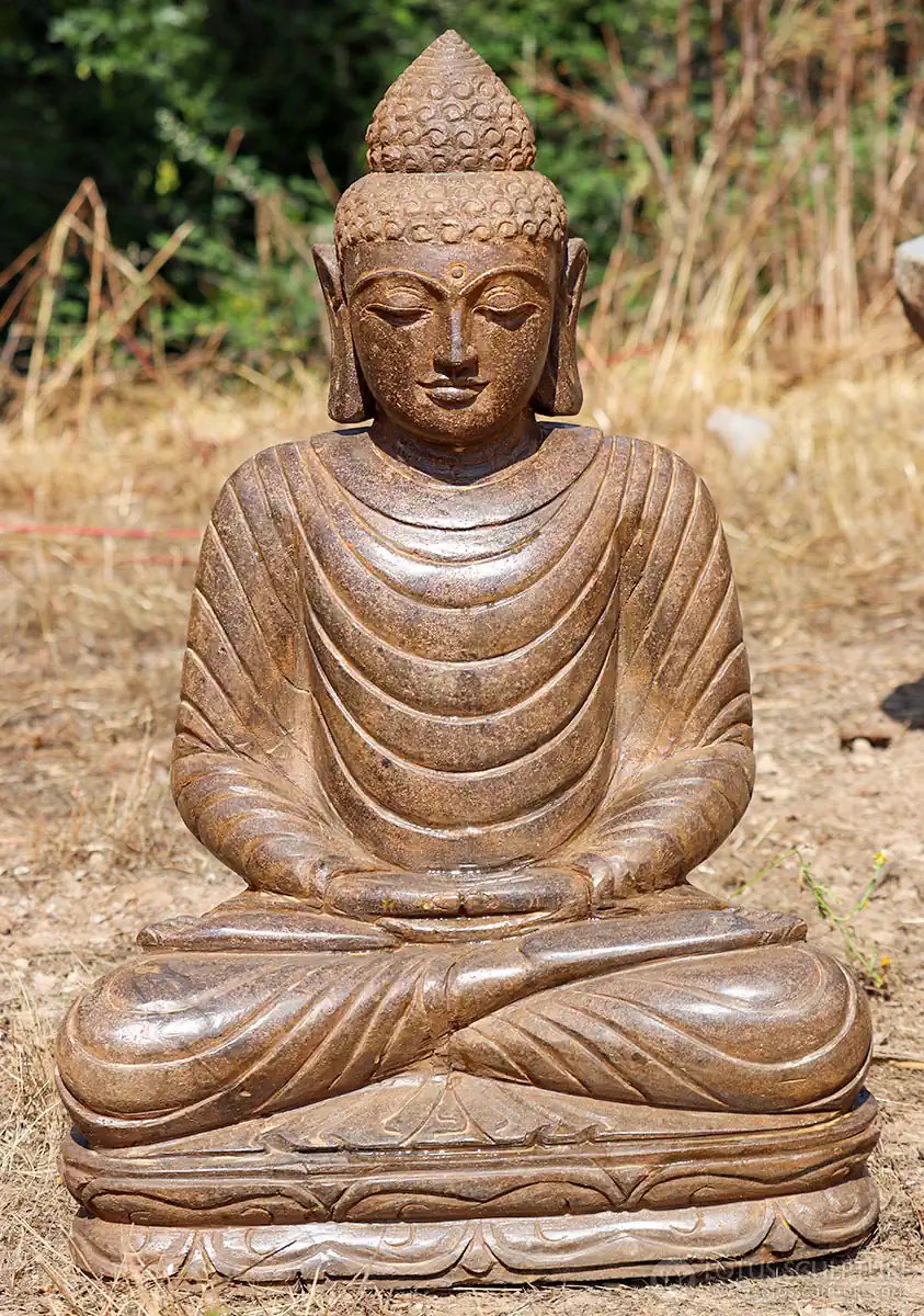 Buddha Saffron Stone Sculpture Meditating in Dhyana Mudra Carved in Indonesia 26"