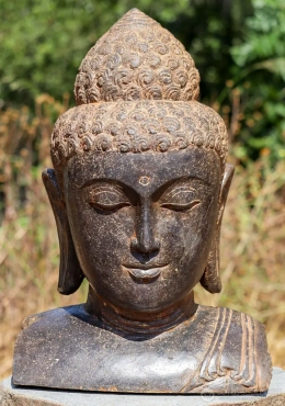 Buddha Head Bust Garden Sculpture in Saffron Lava Stone Hand-Carved from Indonesia 19"