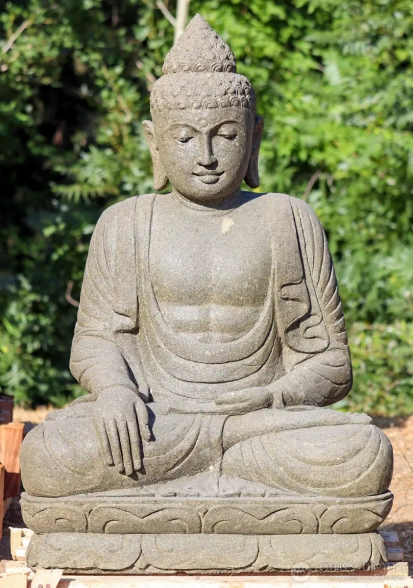 Buddha Lava Stone Sculpture Earth Touching Mudra with Exposed Chest, Indonesia 38"