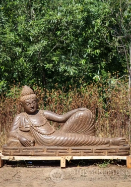 Buddha Reclining Garden Sculpture Hand-Carved in Lava Stone, Resting Pose 55"